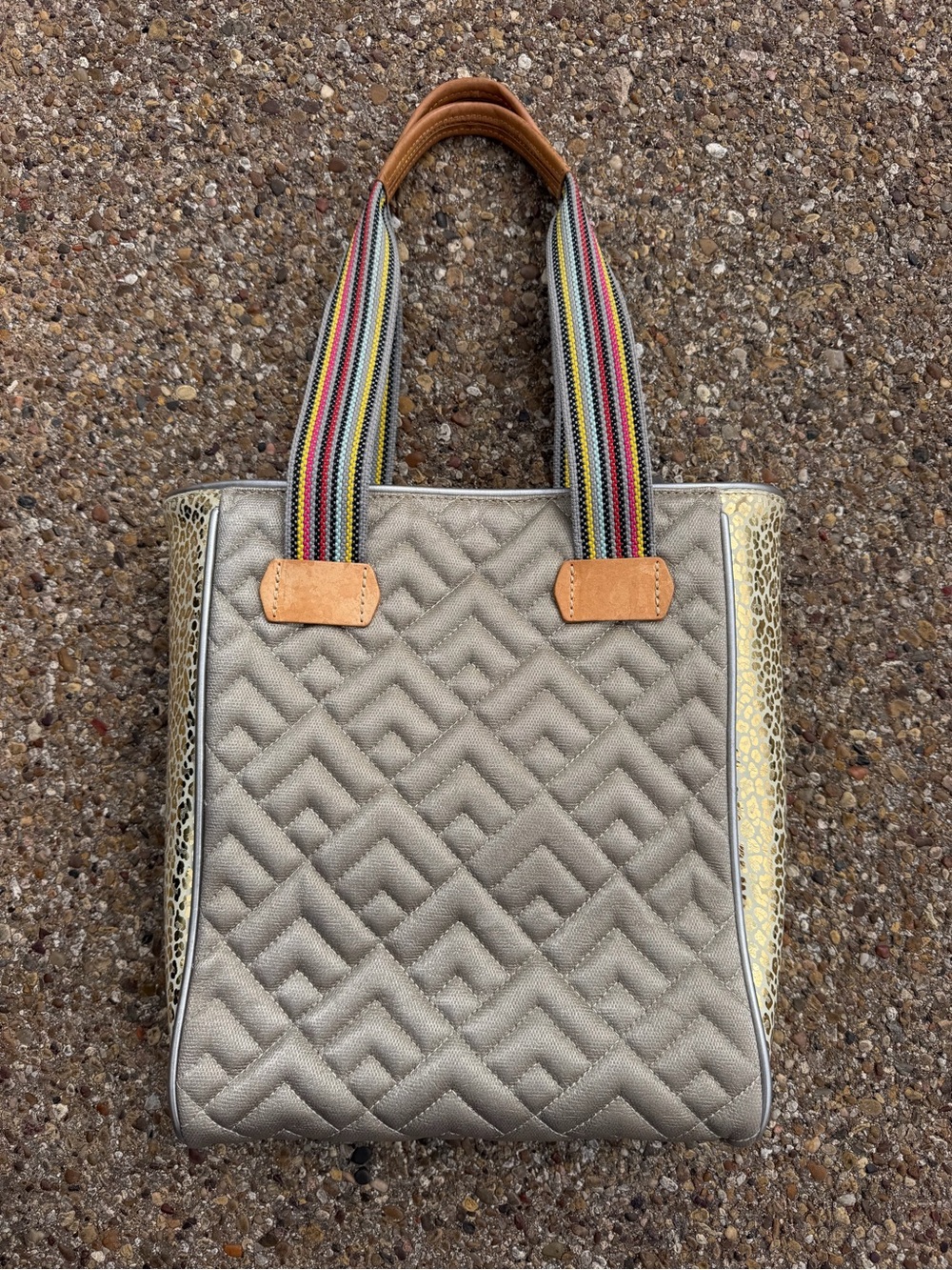 Consuela Quilted Silver Tote with Multicolor Striped Handles